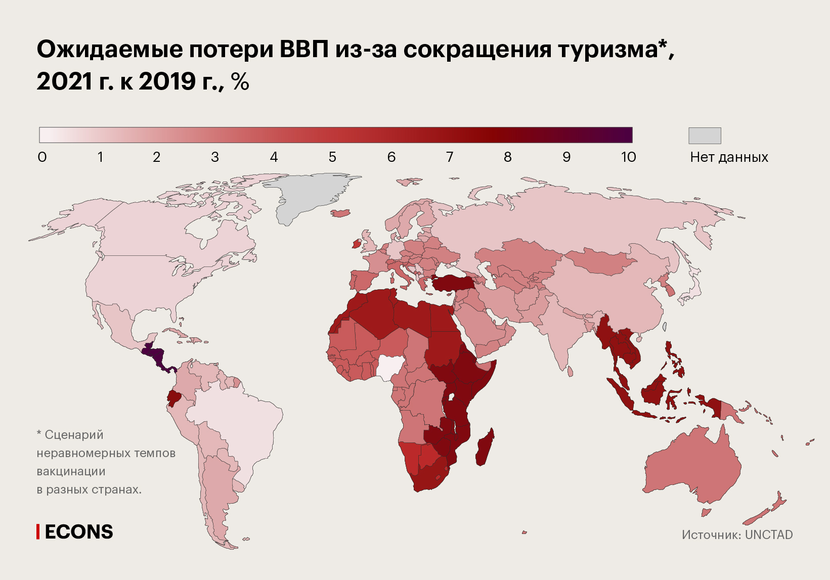 Ожидаемые потери ВВП из-за сокращения туризма, 2021 г. к 2019 г., %